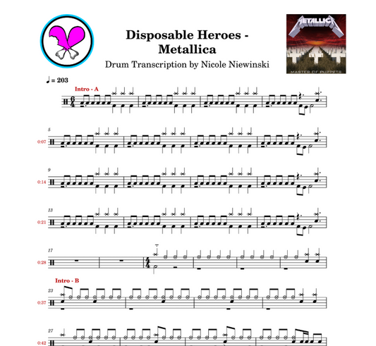 Preview of the sheet music transcription showing the detailed notations and rhythms of how to play the beginner drum song disposable heroes (lars ulrich, master of puppets), ideal for drummers looking to learn and practice accurate drum patterns.