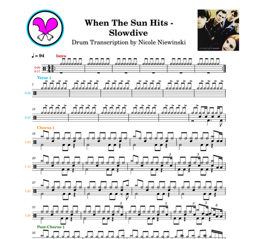 Preview of the sheet music transcription showing the detailed notations and rhythms of how to play the beginner drum song creeping death by slowdive (Simon Scott, Souvlaki), ideal for drummers looking to learn and practice accurate drum patterns.