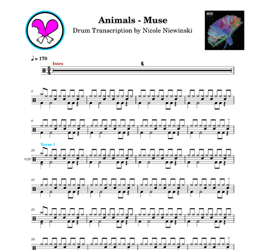 Preview of the sheet music transcription showing the detailed notations and rhythms of how to play the beginner drum song animals by muse (dominic howard), ideal for drummers looking to learn and practice accurate drum patterns.