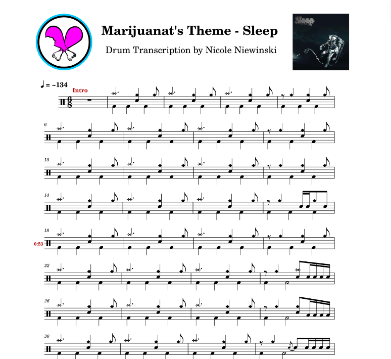 Preview of sheet music transcription for a drum set, showing the detailed notations and rhythms of the popular song Marijuanat's Theme by Sleep, ideal for drummers looking to learn and practice accurate drum patterns.