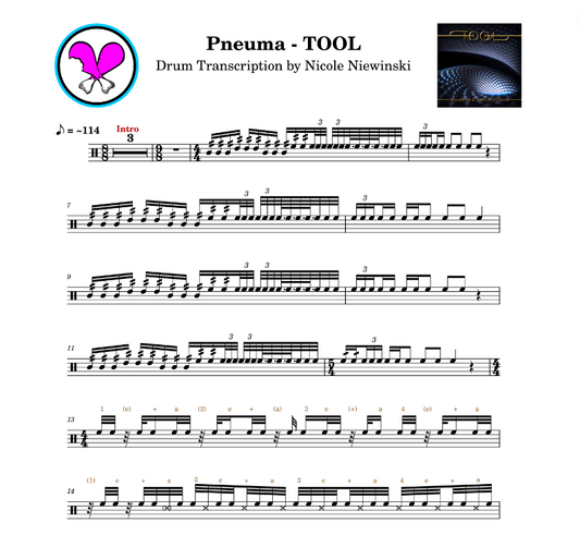 Preview of sheet music transcription for a drum set, showing the detailed notations and rhythms of the popular song pneuma by tool (danny carey), ideal for drummers looking to learn and practice accurate drum patterns.