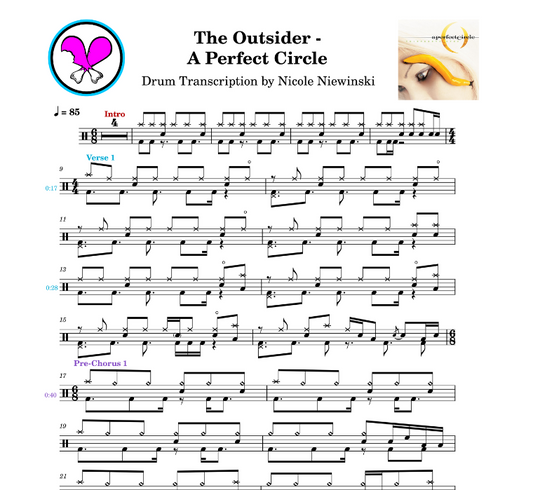 Preview of sheet music transcription for a drum set, showing the detailed notations and rhythms of the popular song the outsider by a perfect circle (APC, Josh Freese, Thirteenth Step), ideal for drummers looking to learn and practice accurate drum patterns.