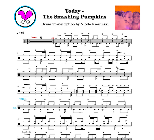 Preview of sheet music transcription for a drum set, showing the detailed notations and rhythms of today by the smashing pumpkins off the siamese dream album (Jimmy Chamberlain), ideal for drummers looking to learn and practice accurate drum patterns.