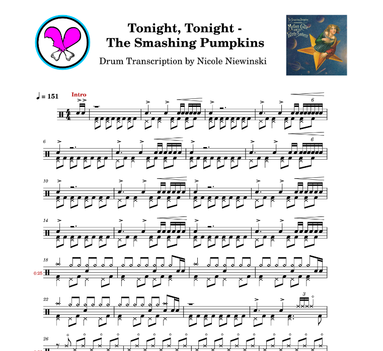 Preview of sheet music transcription for a drum set, showing the detailed notations and rhythms of how to play tonight, tonight on drums by the smashing pumpkins (billy corgan, jimmy chamberlain), ideal for drummers looking to learn and practice accurate drum patterns.