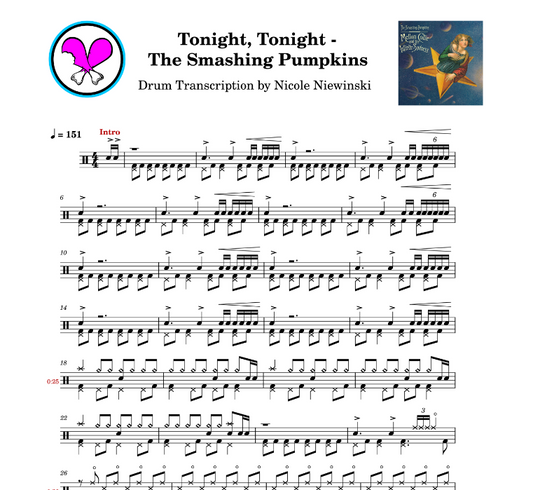 Preview of sheet music transcription for a drum set, showing the detailed notations and rhythms of tonight, tonight by the smashing pumpkins (billy corgan, jimmy chamberlain), ideal for drummers looking to learn and practice accurate drum patterns.