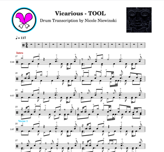 Preview of sheet music transcription for a drum set, showing the detailed notations and rhythms of the popular song vicarious by tool (danny carey), ideal for drummers looking to learn and practice accurate drum patterns.