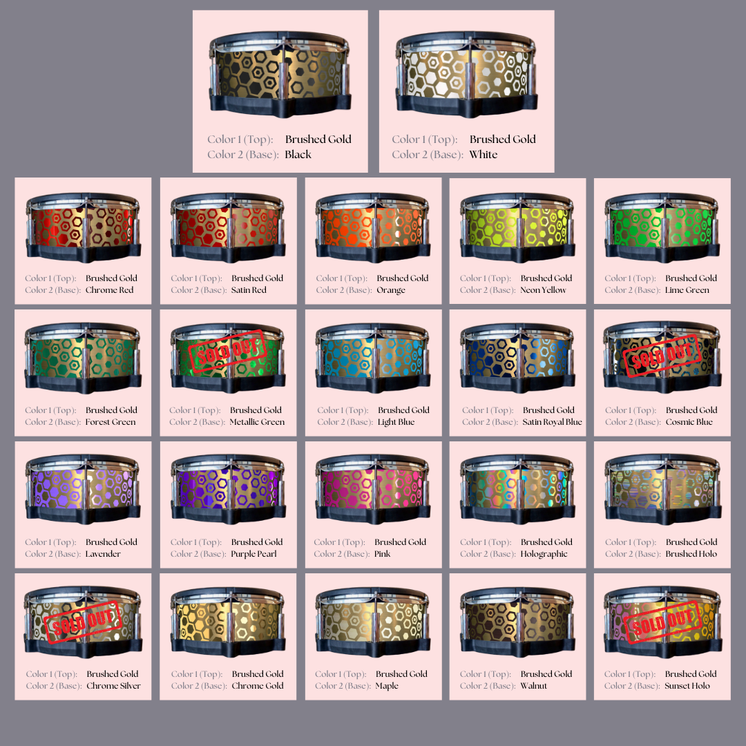 Easy-to-install custom vinyl snare drum wrap color catalogue featuring a wide range of color and pattern options on a snare drum, perfect for drummers looking to personalize their snare drum with unique designs.
