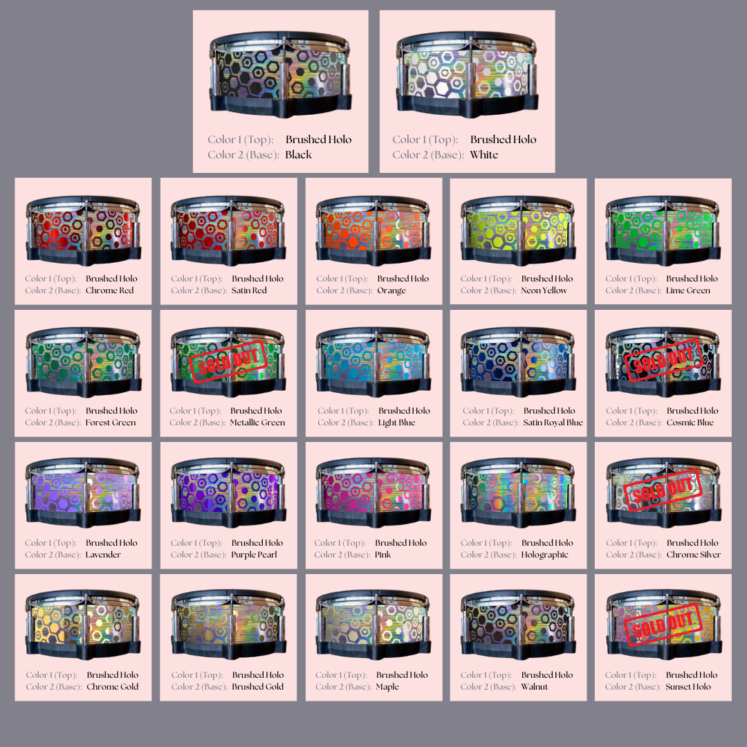 Easy-to-install custom vinyl snare drum wrap color catalogue featuring a wide range of color and pattern options on a snare drum, perfect for drummers looking to personalize their snare drum with unique designs.