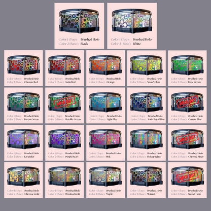 Easy-to-install custom vinyl snare drum wrap color catalogue featuring a wide range of color and pattern options on a snare drum, perfect for drummers looking to personalize their snare drum with unique designs.
