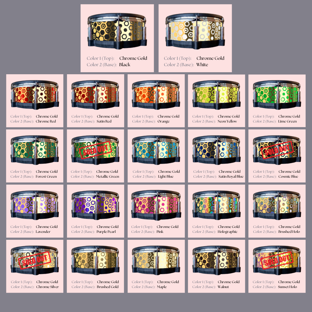 Easy-to-install custom vinyl snare drum wrap color catalogue featuring a wide range of color and pattern options on a snare drum, perfect for drummers looking to personalize their snare drum with unique designs.