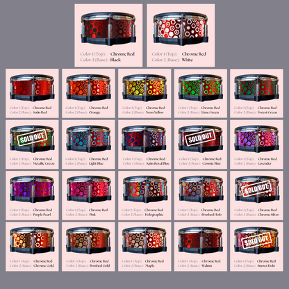 Easy-to-install custom vinyl snare drum wrap color catalogue featuring a wide range of color and pattern options on a snare drum, perfect for drummers looking to personalize their snare drum with unique designs.