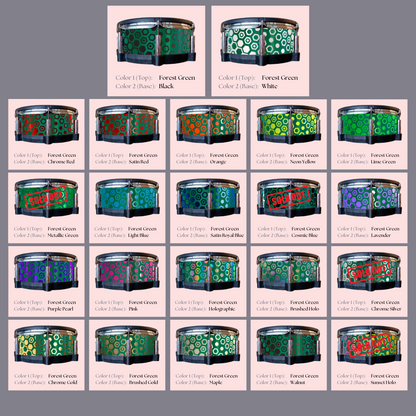 Easy-to-install custom vinyl snare drum wrap color catalogue featuring a wide range of color and pattern options on a snare drum, perfect for drummers looking to personalize their snare drum with unique designs.