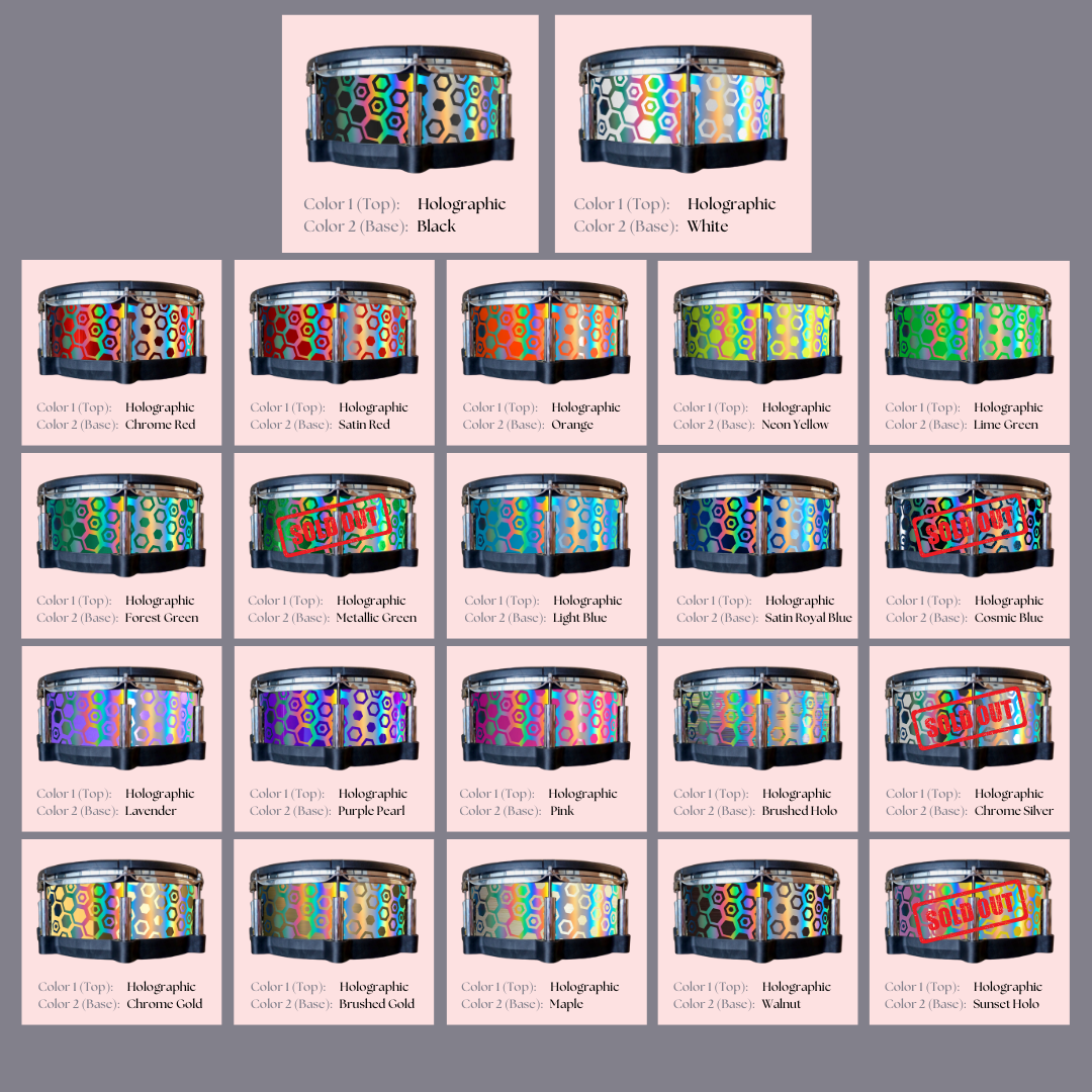 Easy-to-install custom vinyl snare drum wrap color catalogue featuring a wide range of color and pattern options on a snare drum, perfect for drummers looking to personalize their snare drum with unique designs.