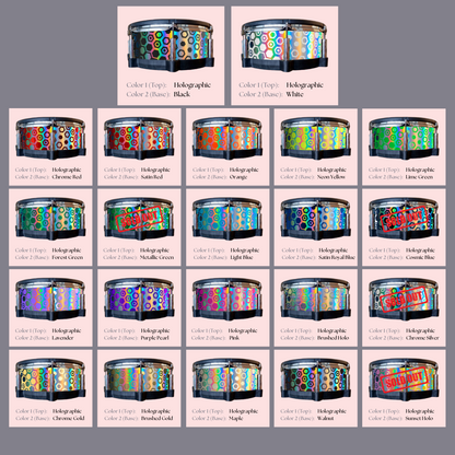 Easy-to-install custom vinyl snare drum wrap color catalogue featuring a wide range of color and pattern options on a snare drum, perfect for drummers looking to personalize their snare drum with unique designs.