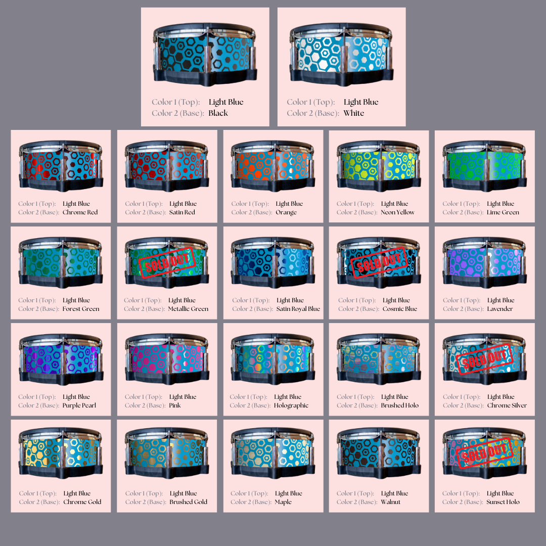 Easy-to-install custom vinyl snare drum wrap color catalogue featuring a wide range of color and pattern options on a snare drum, perfect for drummers looking to personalize their snare drum with unique designs.