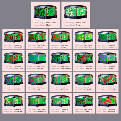 Easy-to-install custom vinyl snare drum wrap color catalogue featuring a wide range of color and pattern options on a snare drum, perfect for drummers looking to personalize their snare drum with unique designs.