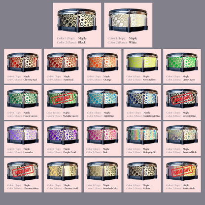 Easy-to-install custom vinyl snare drum wrap color catalogue featuring a wide range of color and pattern options on a snare drum, perfect for drummers looking to personalize their snare drum with unique designs.
