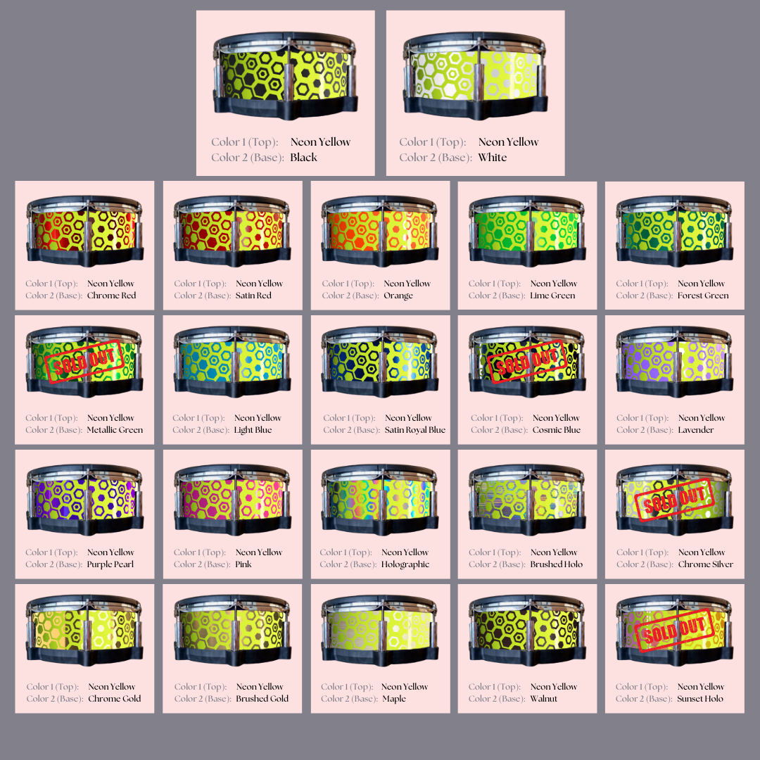 Easy-to-install custom vinyl snare drum wrap color catalogue featuring a wide range of color and pattern options on a snare drum, perfect for drummers looking to personalize their snare drum with unique designs.