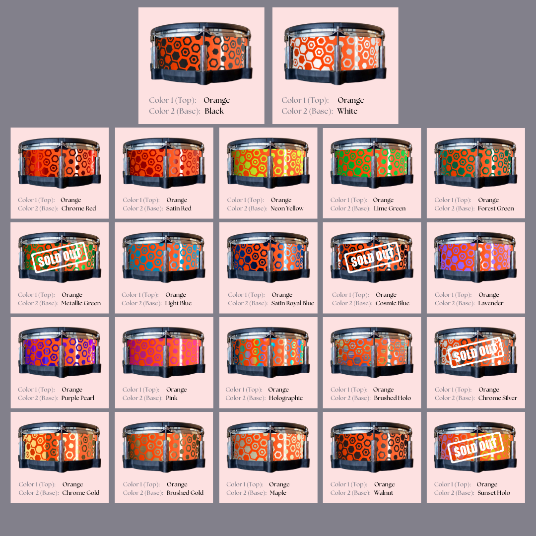 Easy-to-install custom vinyl snare drum wrap color catalogue featuring a wide range of color and pattern options on a snare drum, perfect for drummers looking to personalize their snare drum with unique designs.
