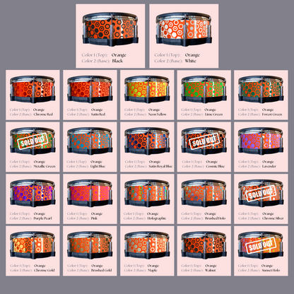 Easy-to-install custom vinyl snare drum wrap color catalogue featuring a wide range of color and pattern options on a snare drum, perfect for drummers looking to personalize their snare drum with unique designs.