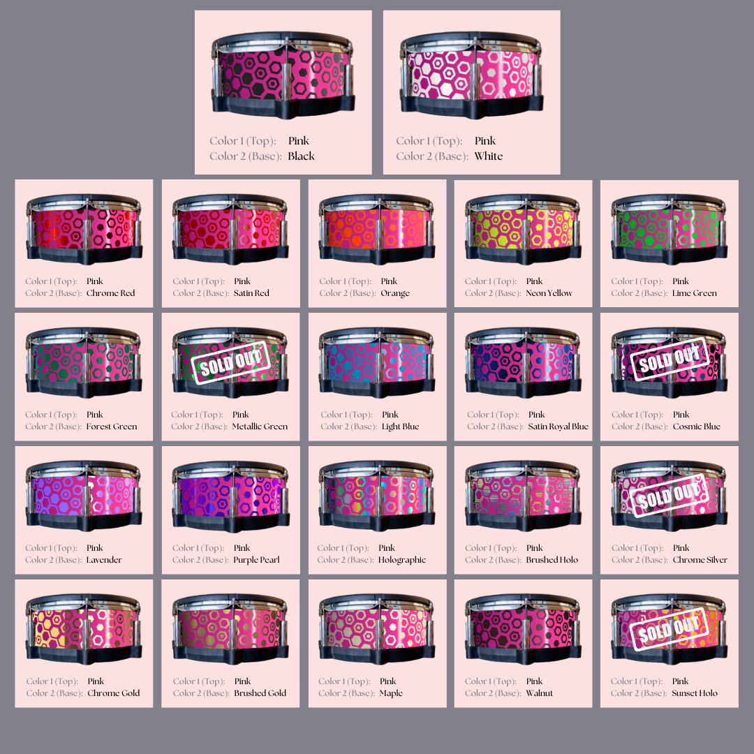 Easy-to-install custom vinyl snare drum wrap color catalogue featuring a wide range of color and pattern options on a snare drum, perfect for drummers looking to personalize their snare drum with unique designs.