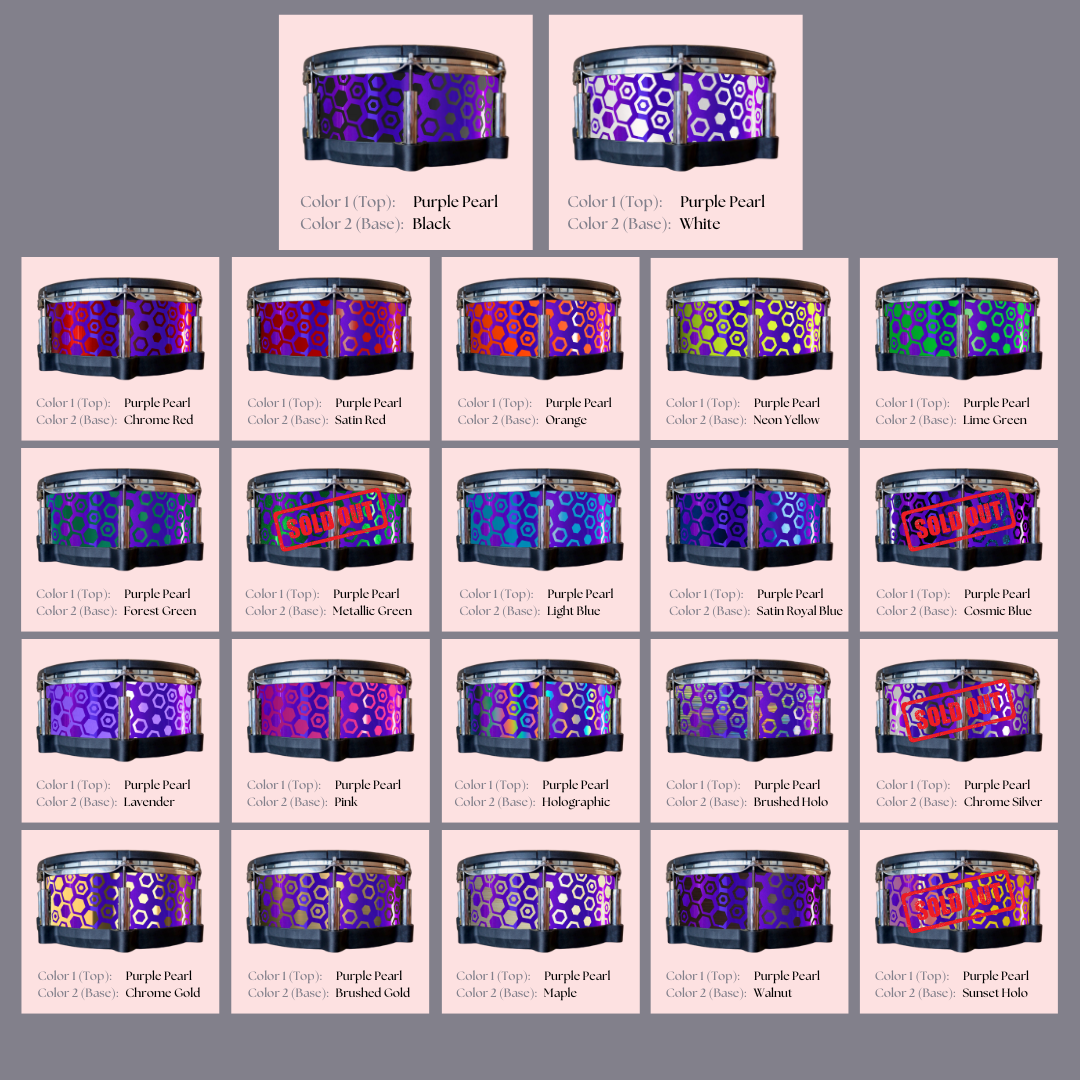 Easy-to-install custom vinyl snare drum wrap color catalogue featuring a wide range of color and pattern options on a snare drum, perfect for drummers looking to personalize their snare drum with unique designs.