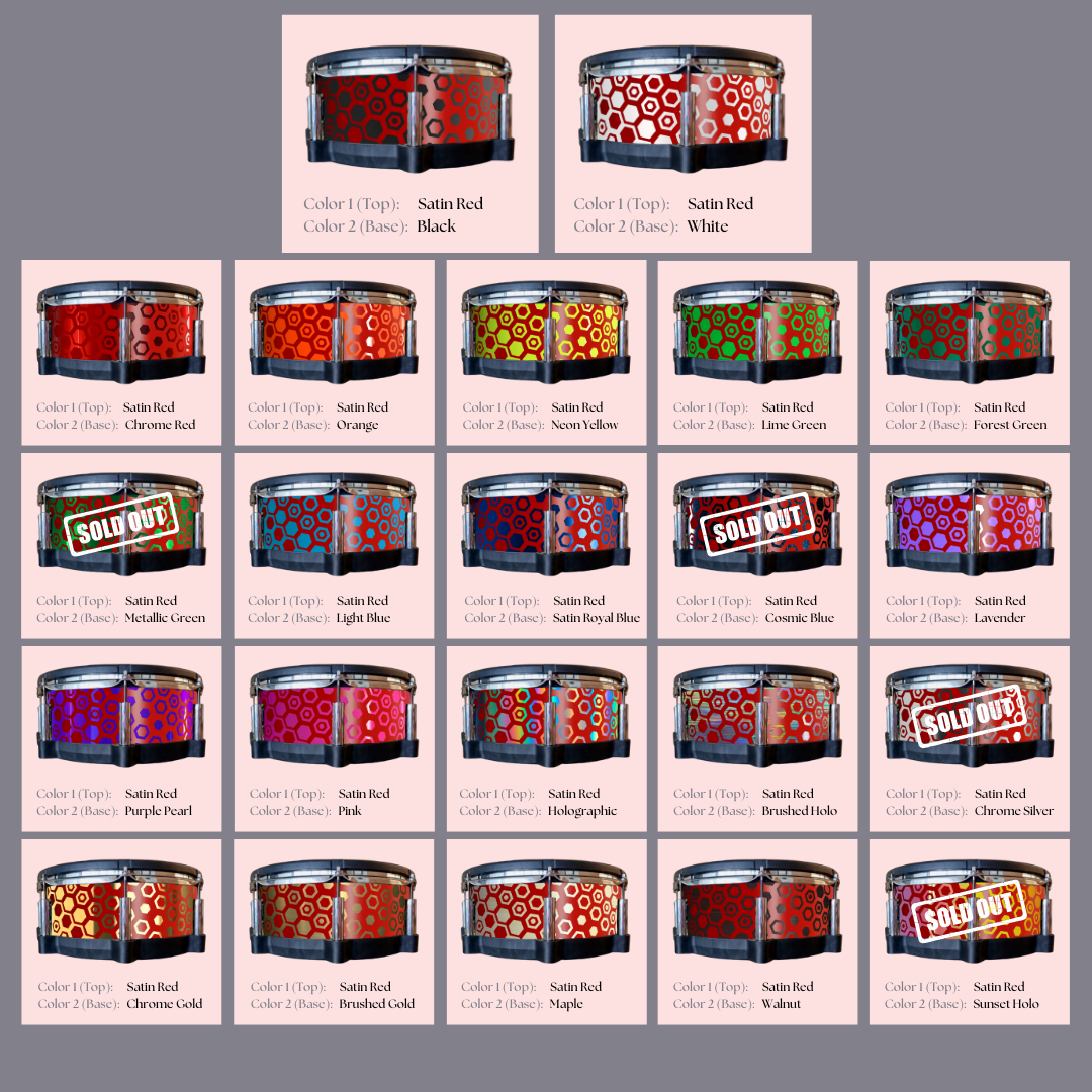 Easy-to-install custom vinyl snare drum wrap color catalogue featuring a wide range of color and pattern options on a snare drum, perfect for drummers looking to personalize their snare drum with unique designs.