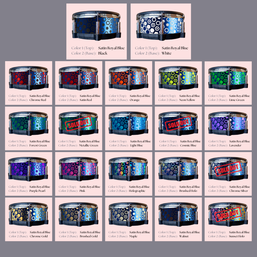 Easy-to-install custom vinyl snare drum wrap color catalogue featuring a wide range of color and pattern options on a snare drum, perfect for drummers looking to personalize their snare drum with unique designs.