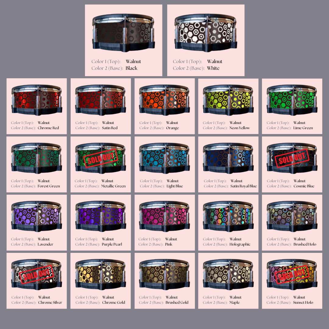 Easy-to-install custom vinyl snare drum wrap color catalogue featuring a wide range of color and pattern options on a snare drum, perfect for drummers looking to personalize their snare drum with unique designs.
