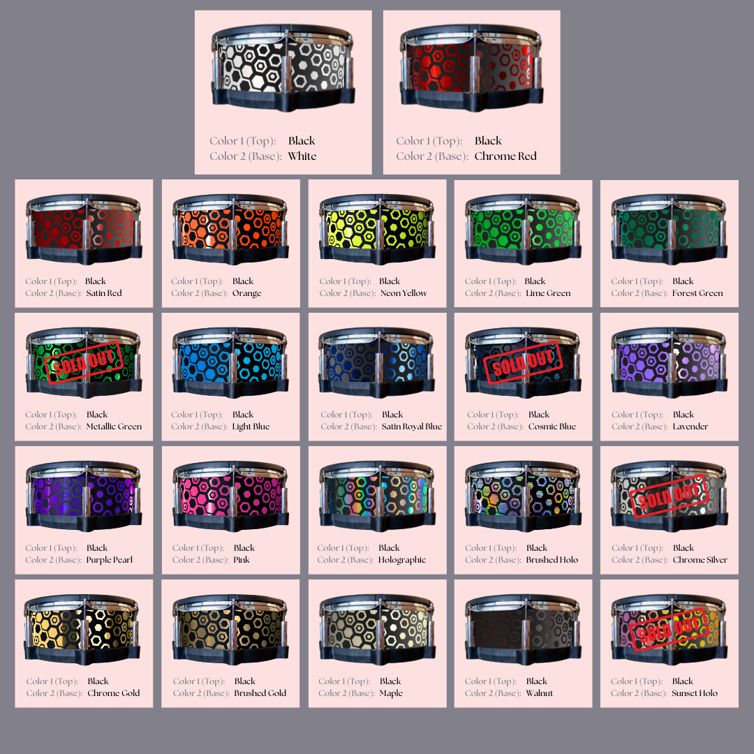 Easy-to-install custom vinyl snare drum wrap color catalogue featuring a wide range of color and pattern options on a snare drum, perfect for drummers looking to personalize their snare drum with unique designs.