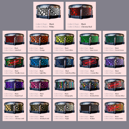 Easy-to-install custom vinyl snare drum wrap color catalogue featuring a wide range of color and pattern options on a snare drum, perfect for drummers looking to personalize their snare drum with unique designs.