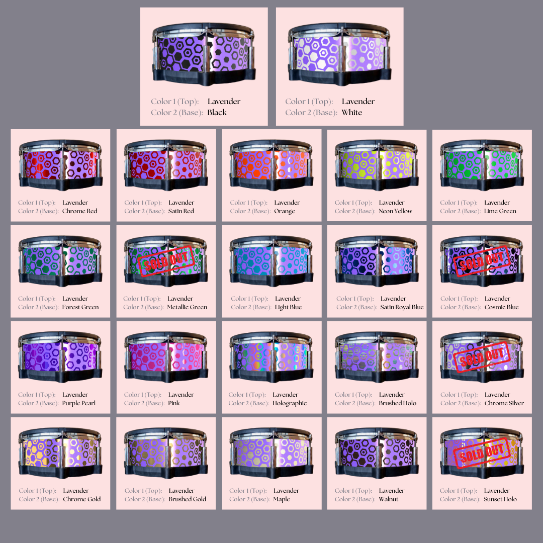 Easy-to-install custom vinyl snare drum wrap color catalogue featuring a wide range of color and pattern options on a snare drum, perfect for drummers looking to personalize their snare drum with unique designs.