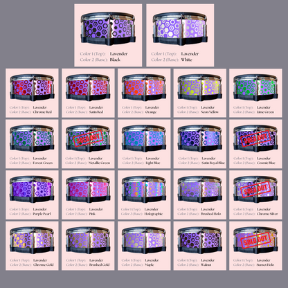 Easy-to-install custom vinyl snare drum wrap color catalogue featuring a wide range of color and pattern options on a snare drum, perfect for drummers looking to personalize their snare drum with unique designs.