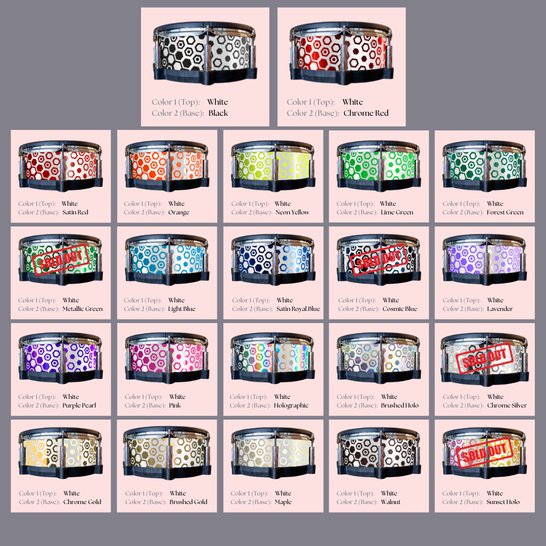 Easy-to-install custom vinyl snare drum wrap color catalogue featuring a wide range of color and pattern options on a snare drum, perfect for drummers looking to personalize their snare drum with unique designs.