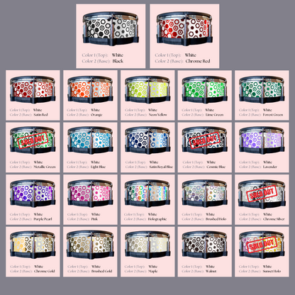 Easy-to-install custom vinyl snare drum wrap color catalogue featuring a wide range of color and pattern options on a snare drum, perfect for drummers looking to personalize their snare drum with unique designs.